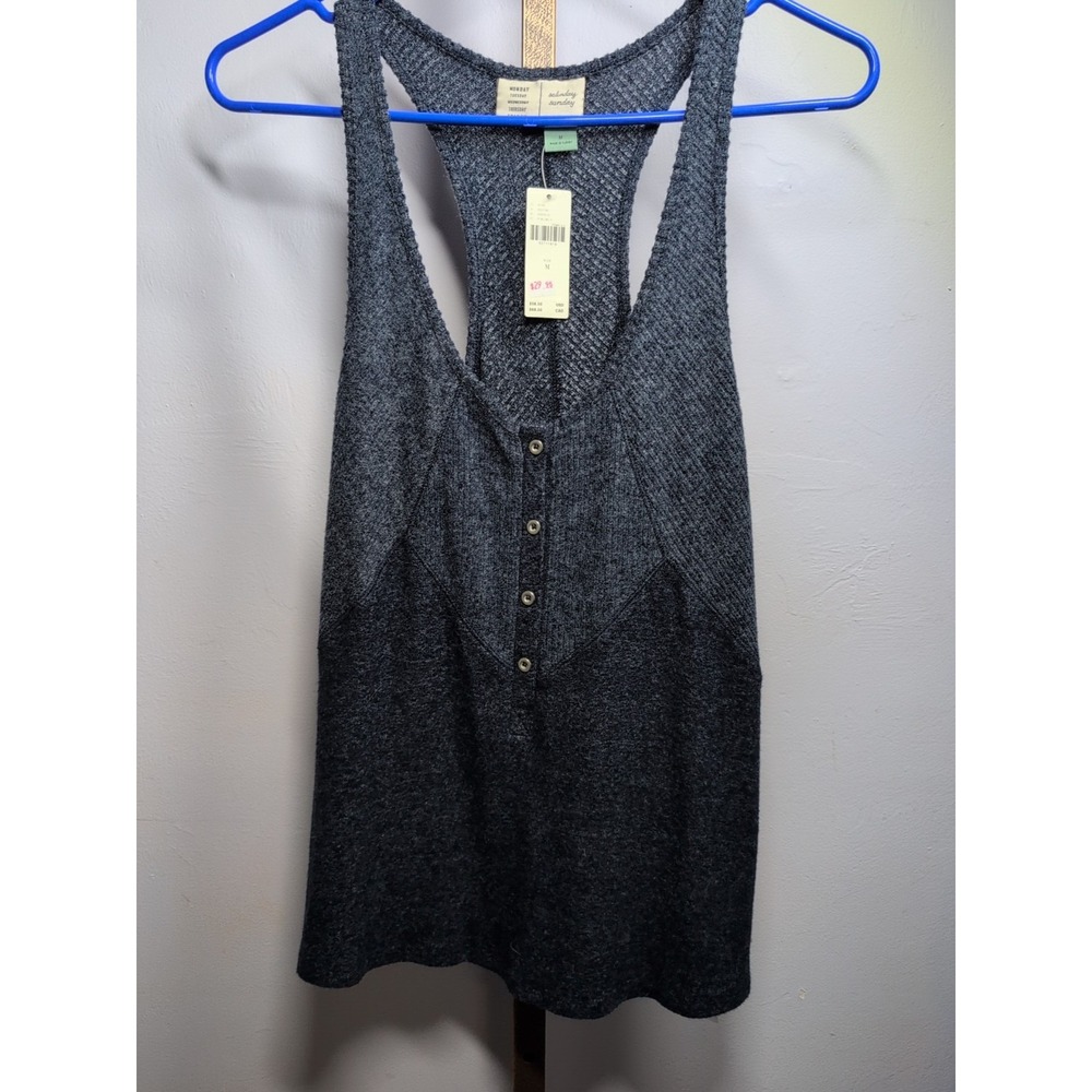 Anthropologie Sat Sun Tank Top Partial Button Down Solid Blue Soft Medium NEW
